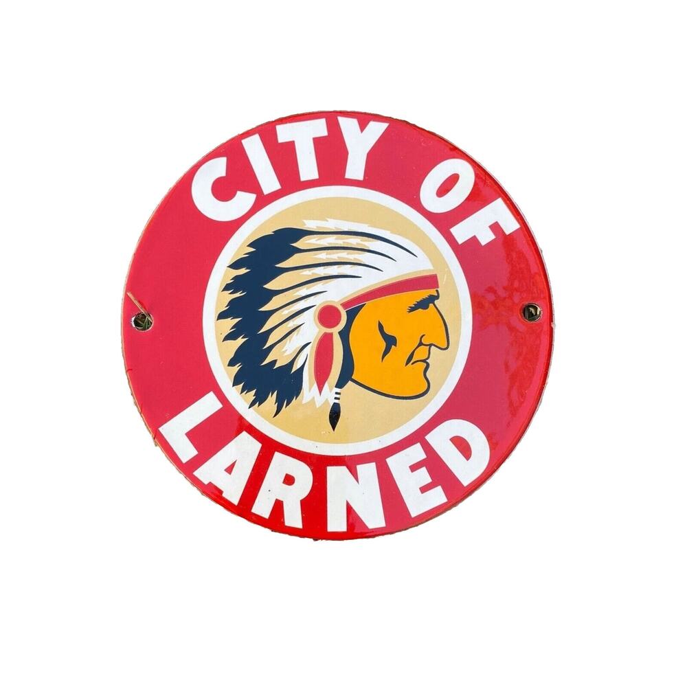 VINTAGE CITY OF LARNED INDIAN CHIEF 6" PORCELAIN METAL ENAMEL GASOLINE OIL SIGN